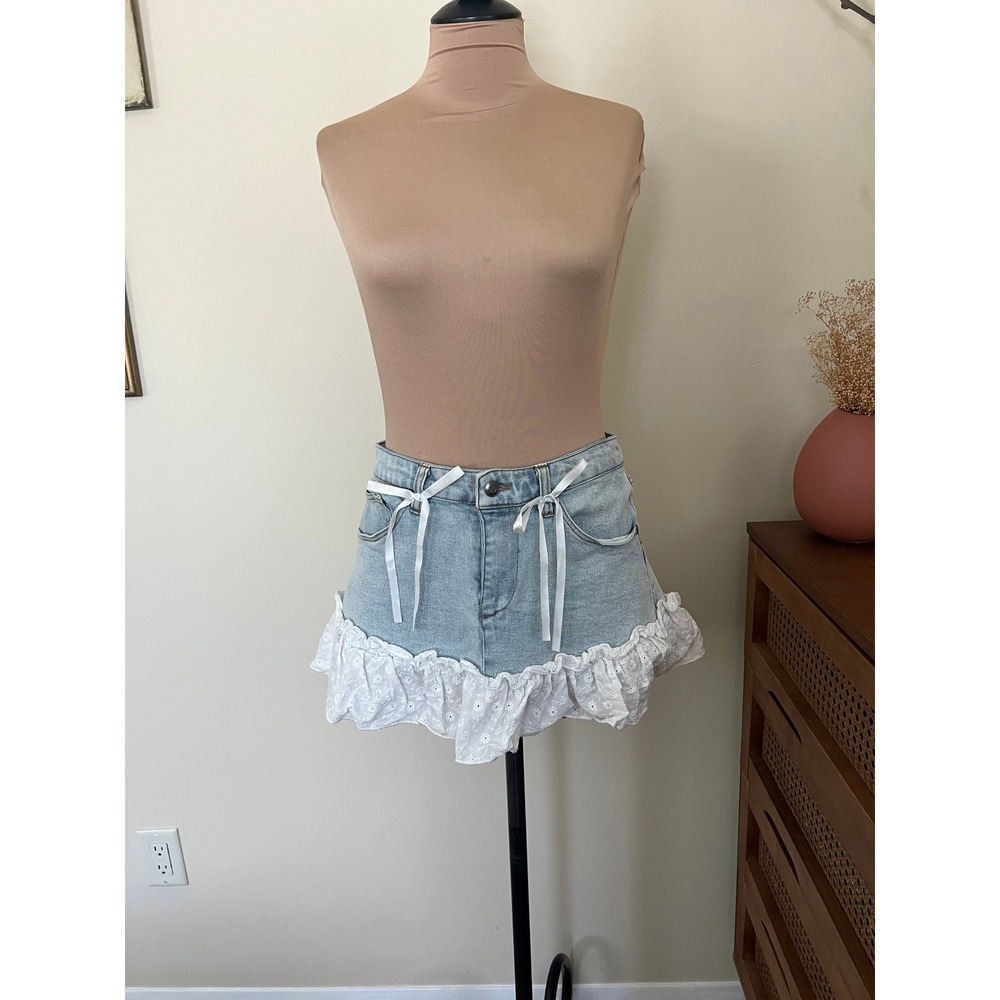 Vintage Y2K‎ Sweet Society Eyelet Ruffle Denim Mini Skirt